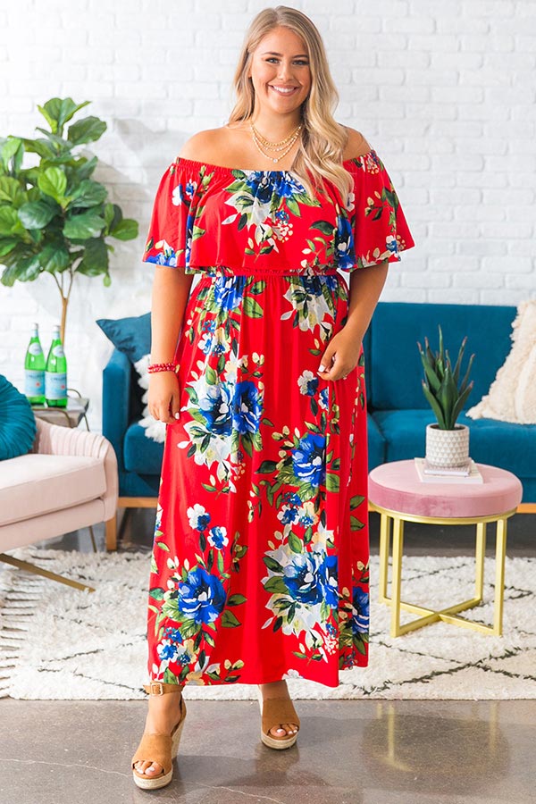 Escape To Maui Off Shoulder Maxi Dress in Red Image - 1