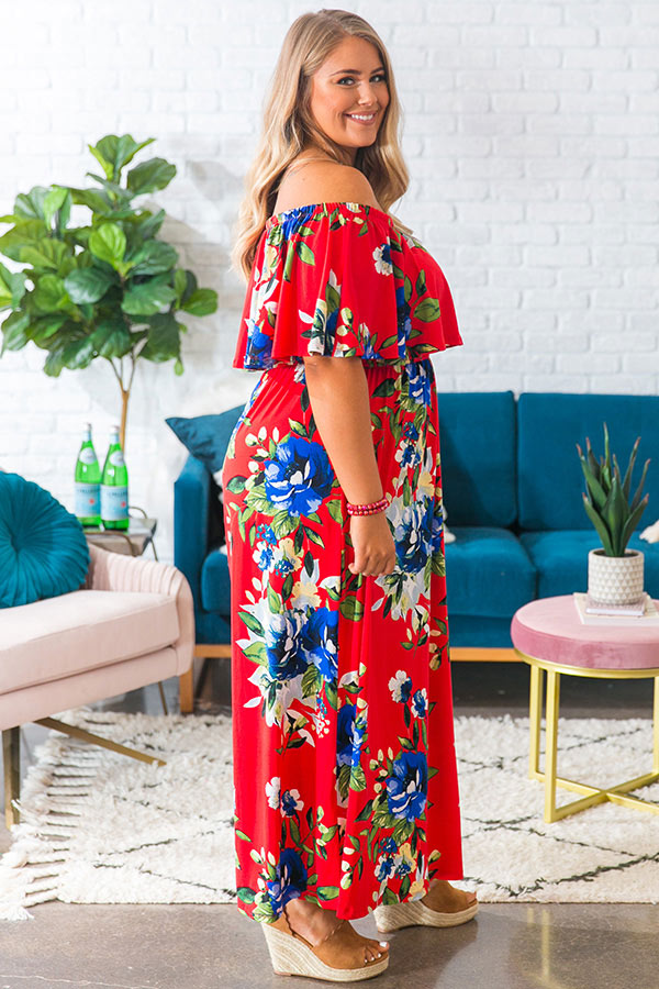 Escape To Maui Off Shoulder Maxi Dress in Red Image - 2