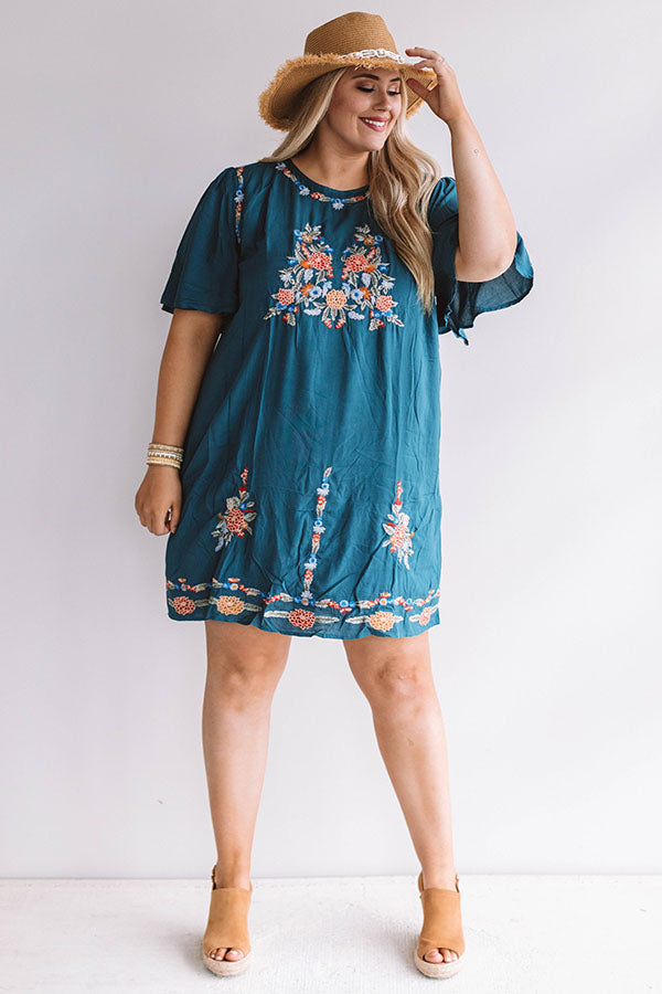 Margarita Calling Embroidered Shift Dress in Teal Image - 1