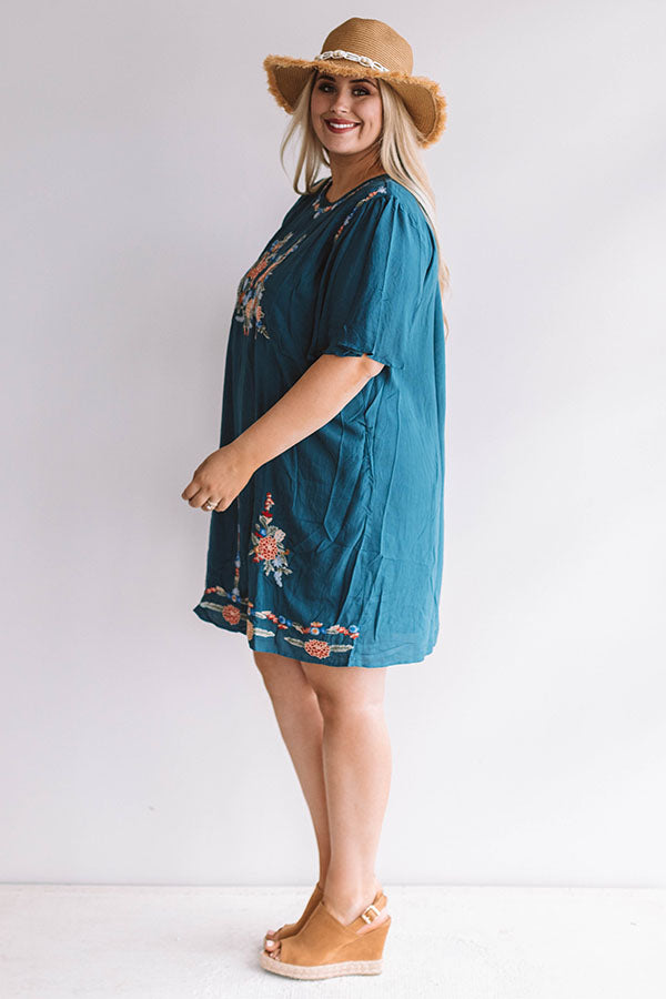 Margarita Calling Embroidered Shift Dress in Teal Image - 4