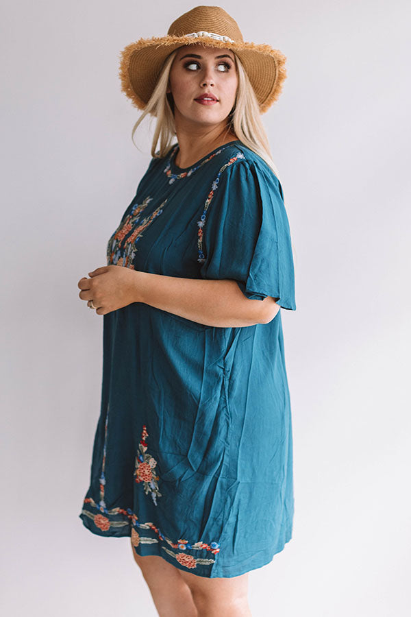 Margarita Calling Embroidered Shift Dress in Teal Image - 3