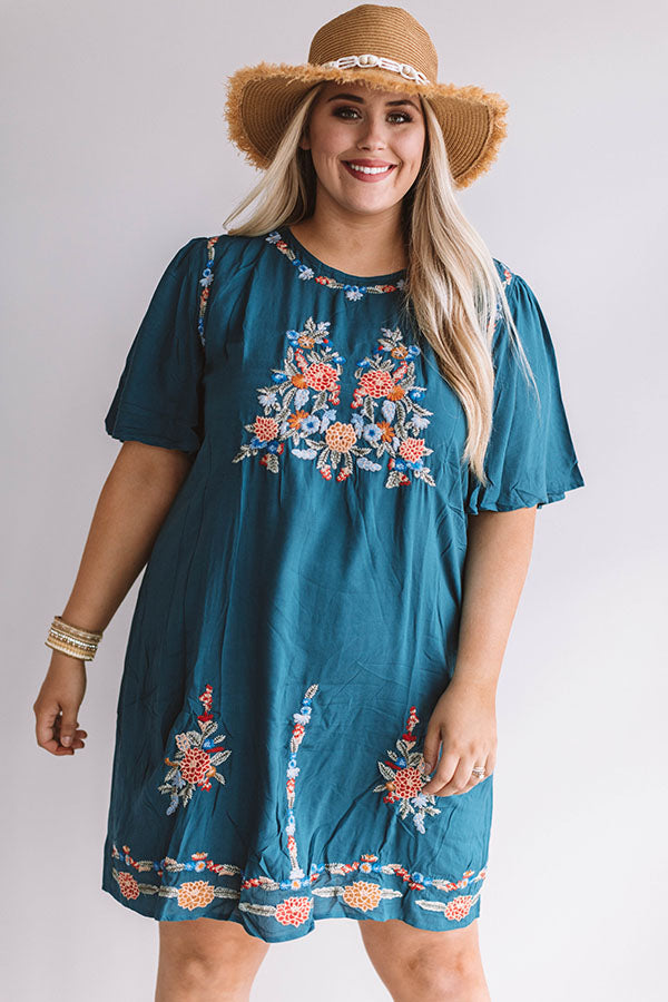 Margarita Calling Embroidered Shift Dress in Teal Image - 2