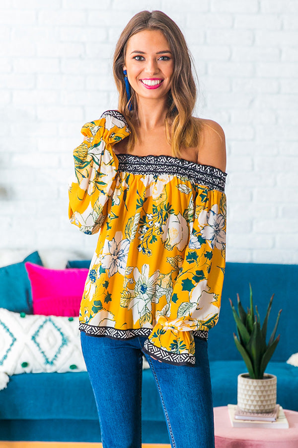 Chasing Bliss Floral Off Shoulder Top in Marigold Image - 2