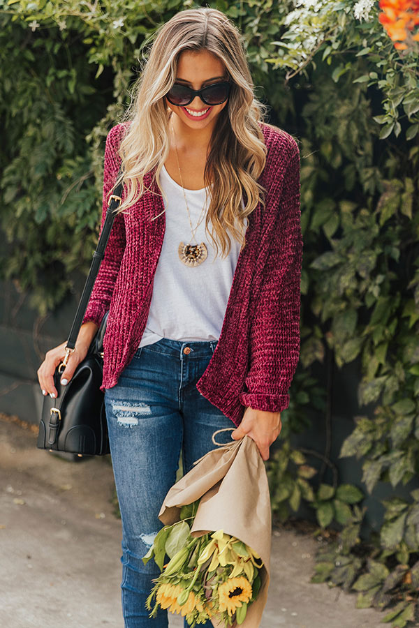 Champagne At The Cabin Chenille Cardigan in Windsor Wine
