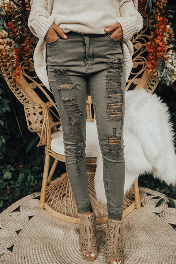 The Keagan High Waist Distressed Skinny in Olive