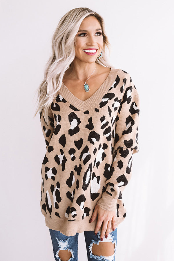 Spotted In Manhattan V-neck Leopard Sweater in Iced Mocha