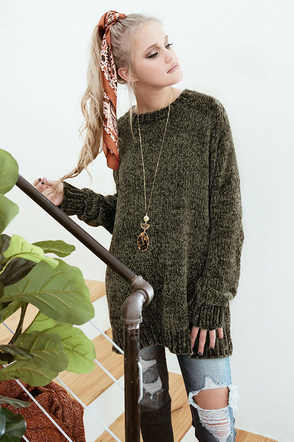 Madison Avenue Chenille Sweater In Olive Image - 2