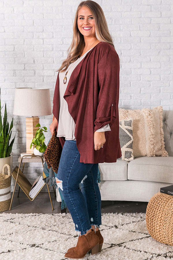 Cappuccino Crushing Faux Suede Jacket in Maroon Curves Image - 3