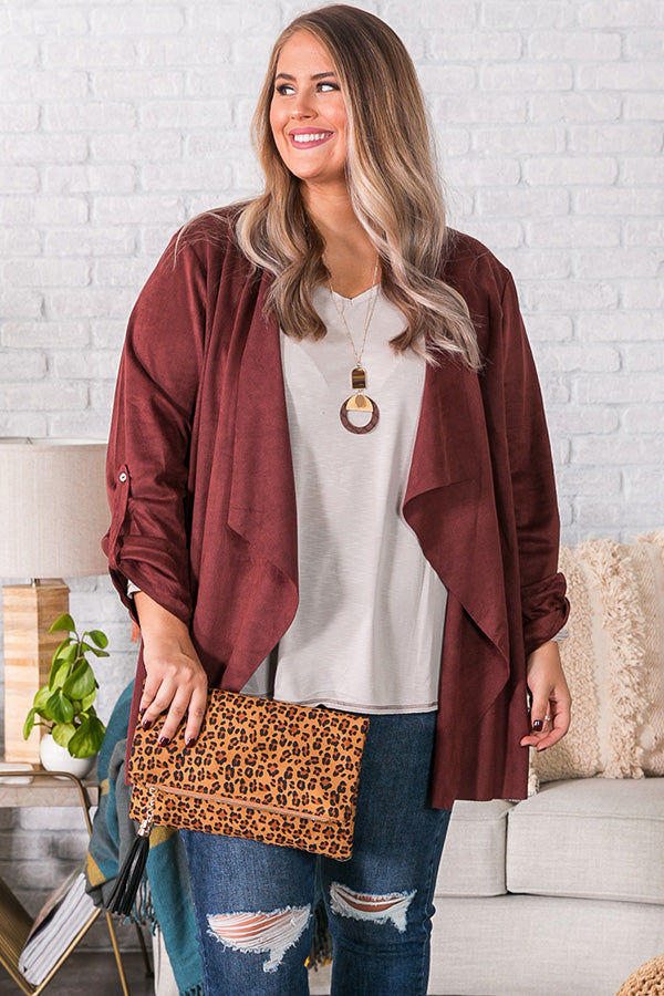 Cappuccino Crushing Faux Suede Jacket in Maroon Curves Image - 2
