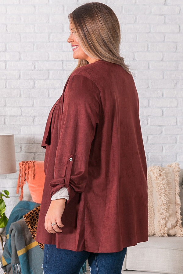 Cappuccino Crushing Faux Suede Jacket in Maroon Curves Image - 4