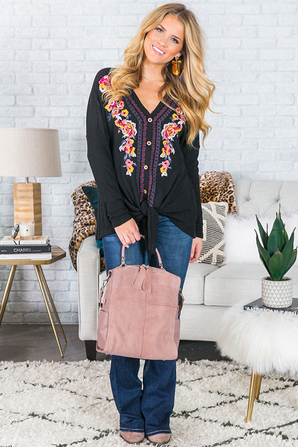 S'more In Love Embroidered Waffle Knit Top In Black Image - 1