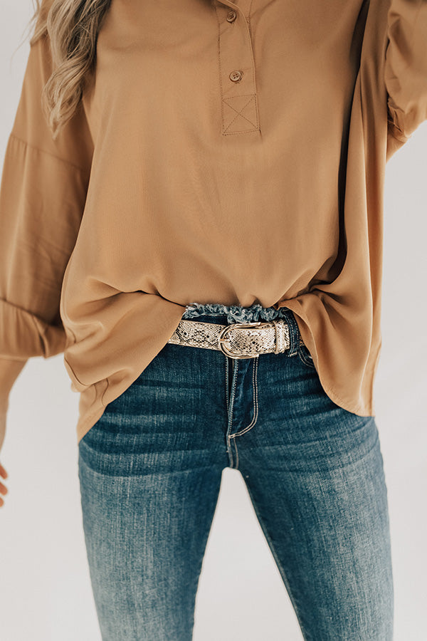 Charmed And Dangerous Snake Print Belt In Gold