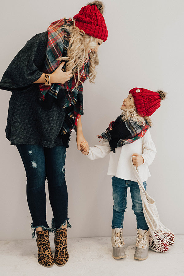 Children's CC Faux Fur Pom Beanie In Red