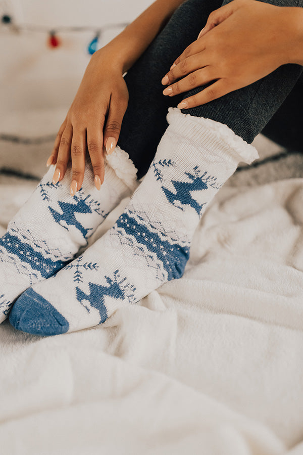 Reindeer Games Sherpa Lined Slipper Socks in Blue Image - 2