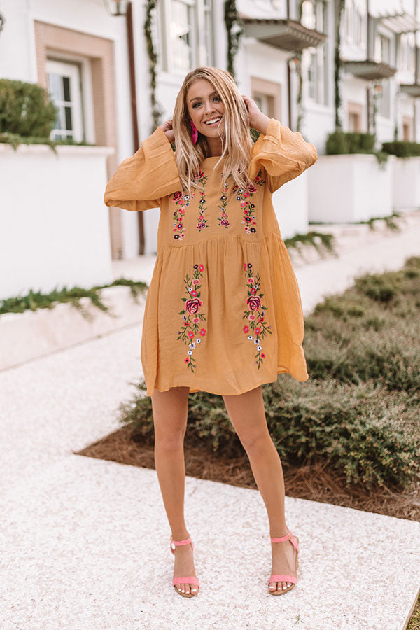 Stealing Your Heart Embroidered Shift Dress In Marigold