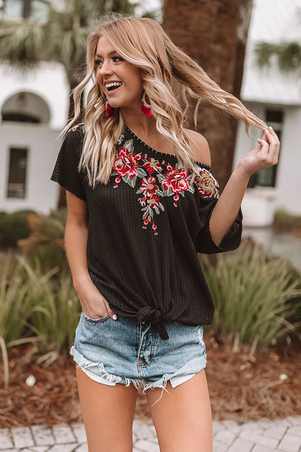 Cabana Life Embroidered Waffle Knit Top in Black