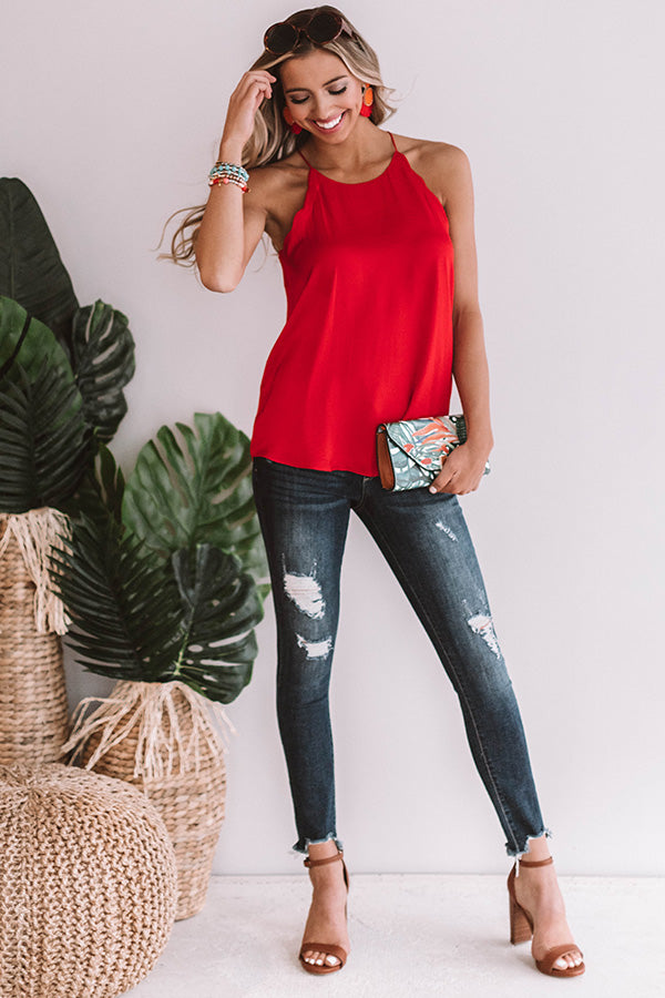 Keep The Champagne Coming Scalloped Tank In Red