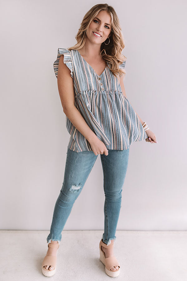 Sunrise Beach Walk Stripe Babydoll Top in Airy Blue Image - 2