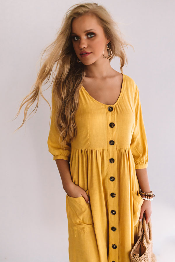 Pinot and Picnics Midi Dress In Mustard Image - 2