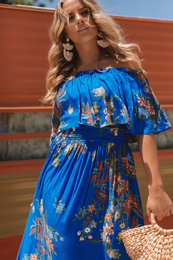 First Class To Cancun Off Shoulder Maxi In Royal Blue