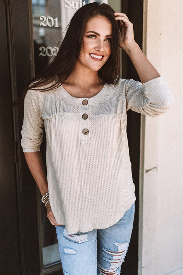 Sunday Snuggles Waffle Knit Top In Iced Latte