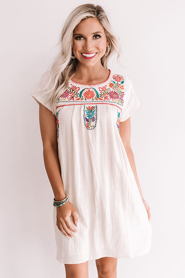 Divine Details Embroidered Shift Dress In Cream