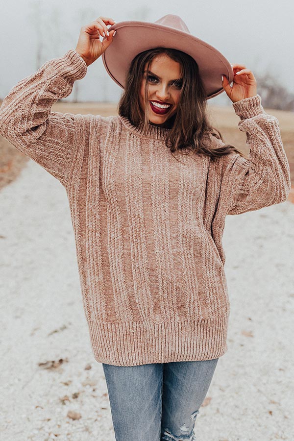Lattes And Snuggles Cable Knit Chenille Sweater In Iced Latte
