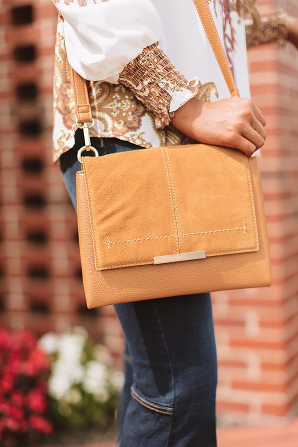 Champagne And Chic Faux Leather Crossbody In Camel Image - 1