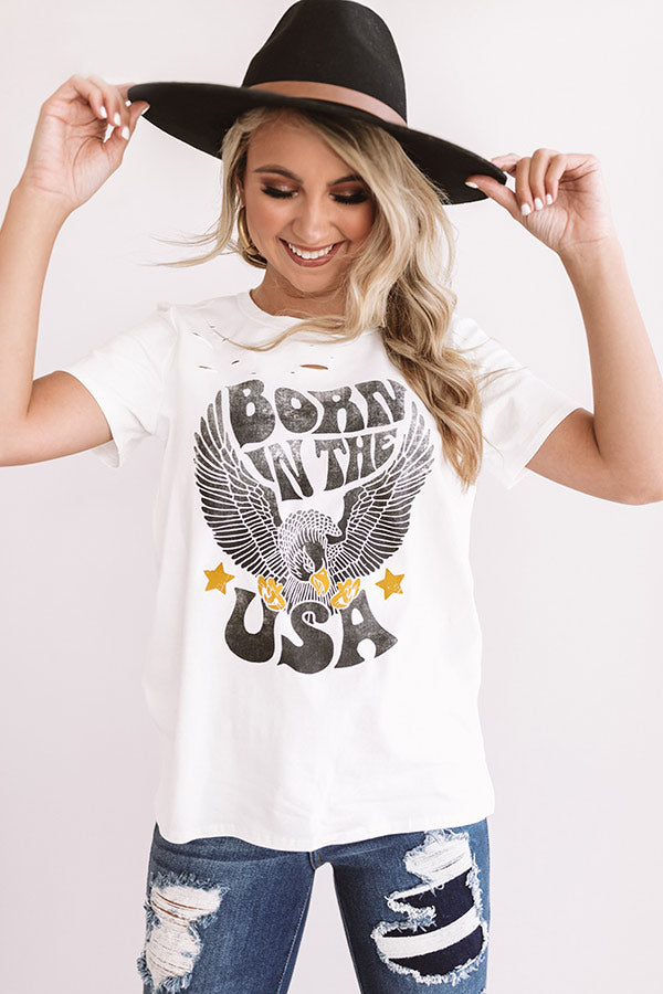 Born In The USA Distressed Boyfriend Tee In White
