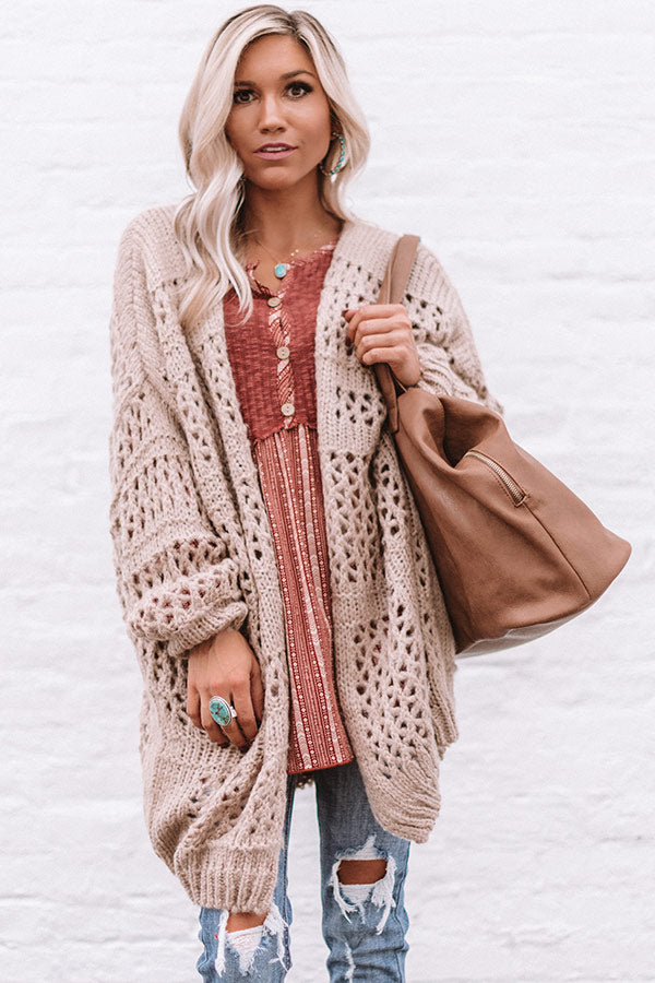Hot Cocoa By The Fire Knit Cardigan In Taupe