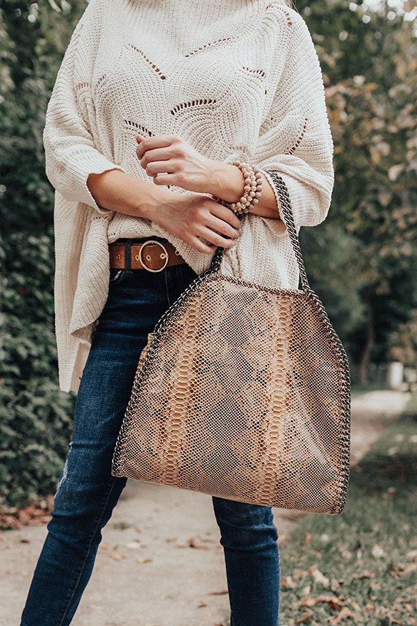 Hearts Run Wild Snake Print Tote In Khaki