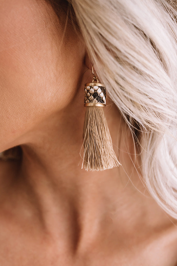 Afterglow Tassel Snake Print Earrings in Taupe