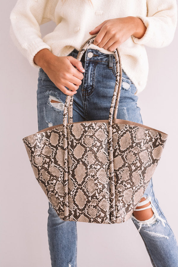 Times Square Kisses Snake Print Tote In Brown