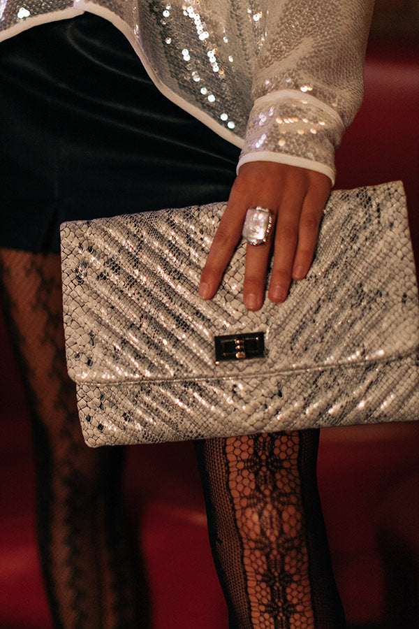 Delicate Details Faux Leather Snake Print Clutch In White