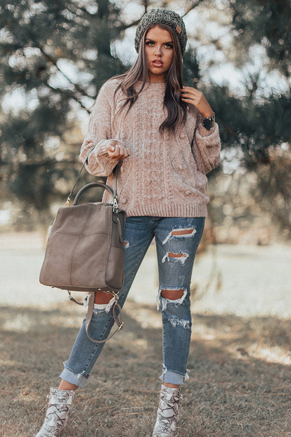 Cabin Kisses Cable Knit Chenille Sweater in Light Mocha Image - 2