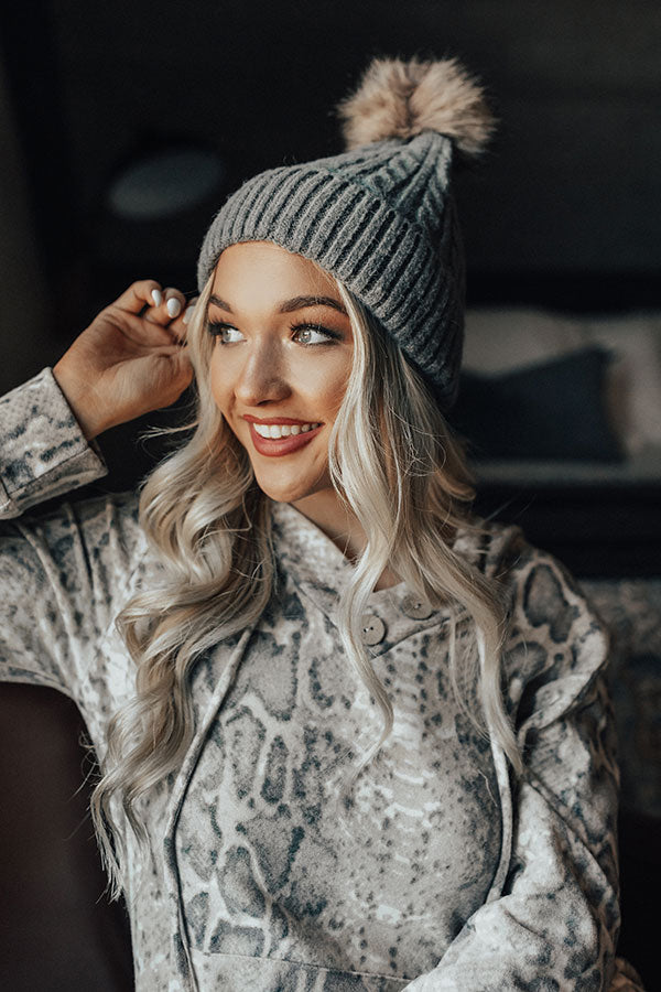 In The Know Faux Fur Pom Beanie In Dark Grey