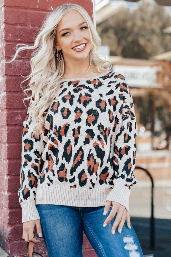 Plaza Party Open Back Leopard Sweater In Iced Mocha Image - 4