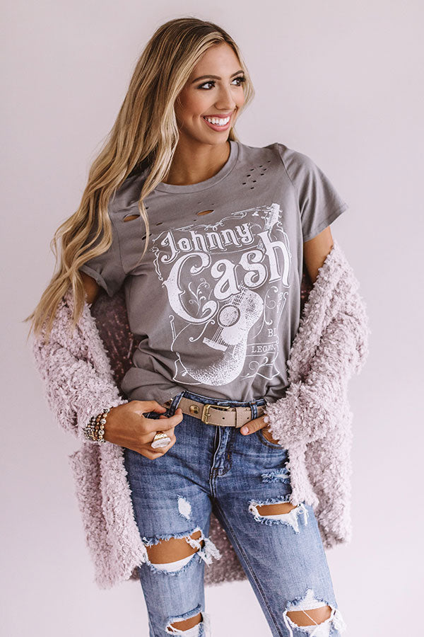Johnny Cash Distressed Boyfriend Tee In Grey