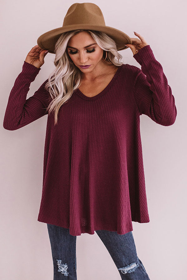Swipe Up Waffle Knit Shift Top In Maroon