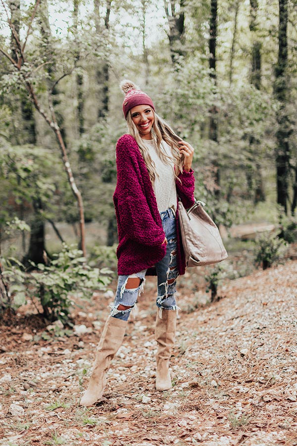 Bombshell Snuggles Knit Cardigan In Wine Image - 1
