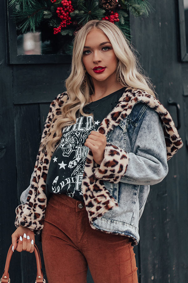 Glacier Nights Faux Fur Lined Denim Jacket in Leopard