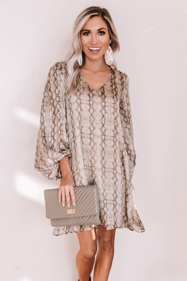 Darling Dance Snake Print Shimmer Shift Dress in Warm Taupe
