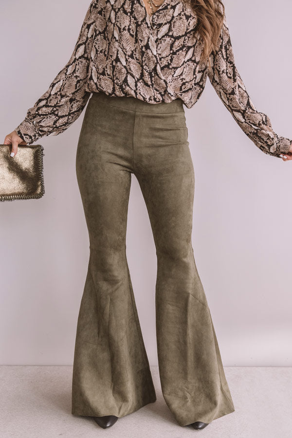 The Kaci High Waist Faux Suede Flare In Army Green