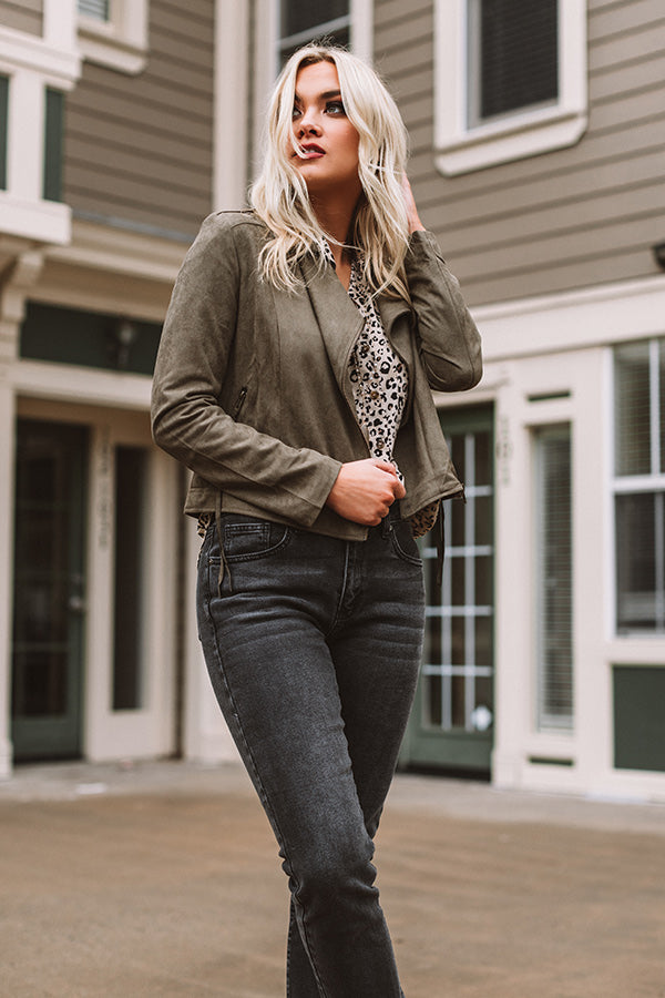 Savvy In The City Faux Suede Jacket In Olive