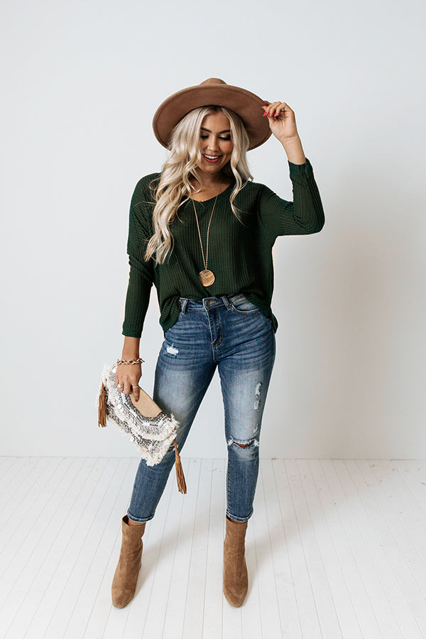 Your Dream Girl Waffle Knit Shift Top in Hunter Green Image - 2