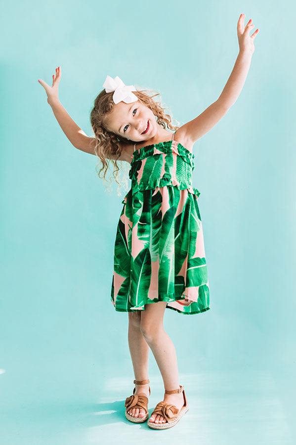 Pools And Palm Trees Children's Smocked Dress In Palm Leaf Green Image - 5