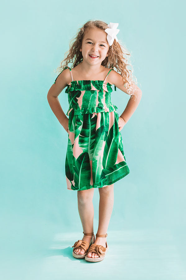 Pools And Palm Trees Children's Smocked Dress In Palm Leaf Green Image - 1