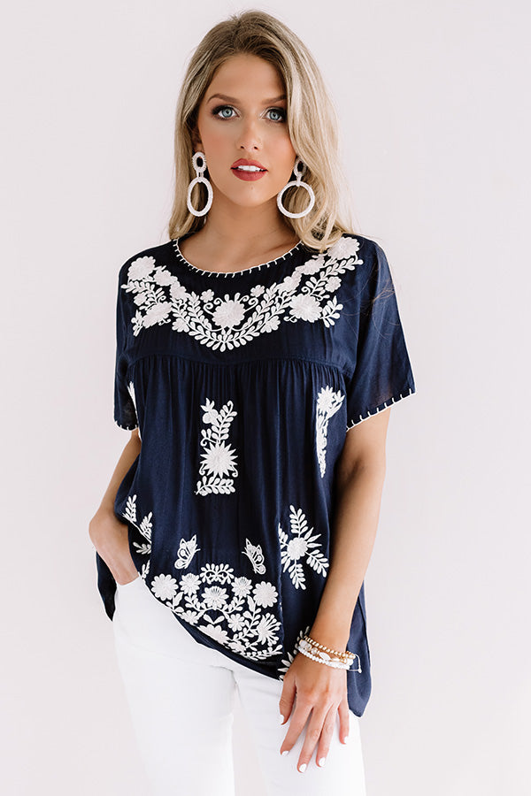 Cozy Cabana Embroidered Top In Navy