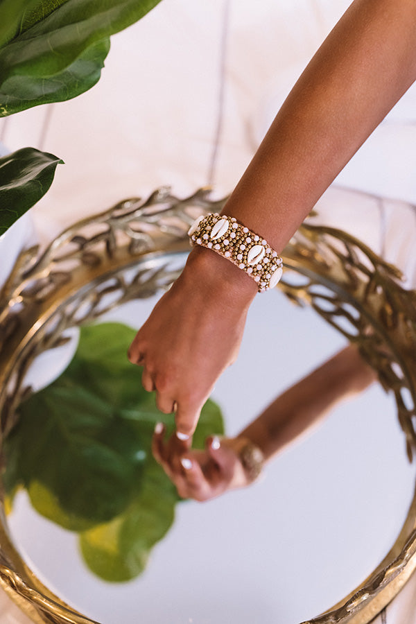 Waves In Waikiki Beaded Cuff Bracelet In White