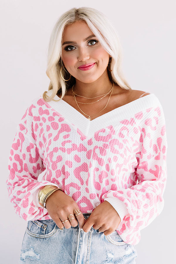 Naturally Sweet Waffle Knit Leopard Top In Pink Image - 4